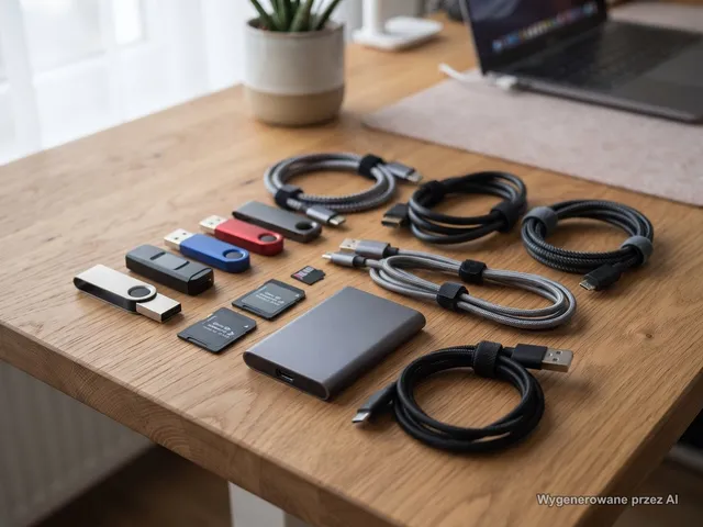 Pendrive'y, karty pamięci, dysk przenośny i kable na biurku